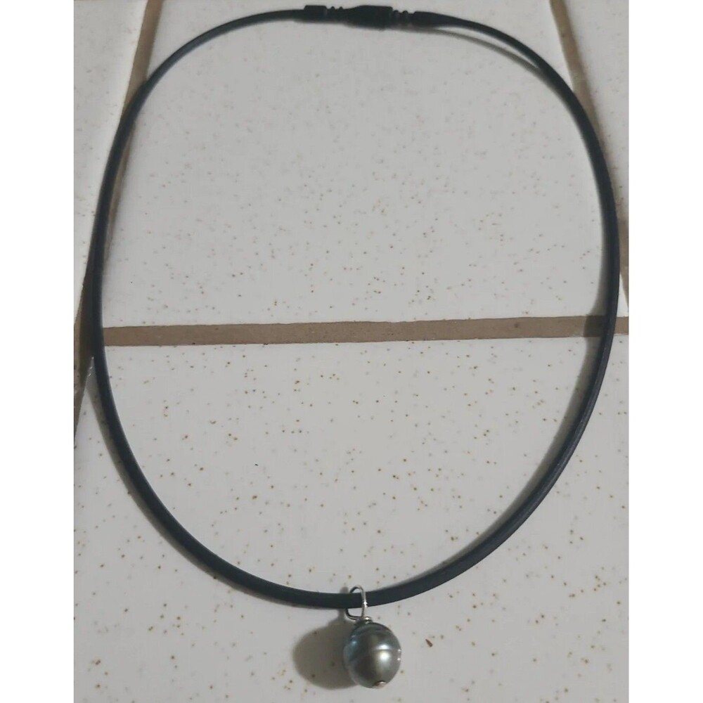 9mm Tahitian Saltwater Faceted Pearl Pendant Necklace Silicone Chain Silky Black